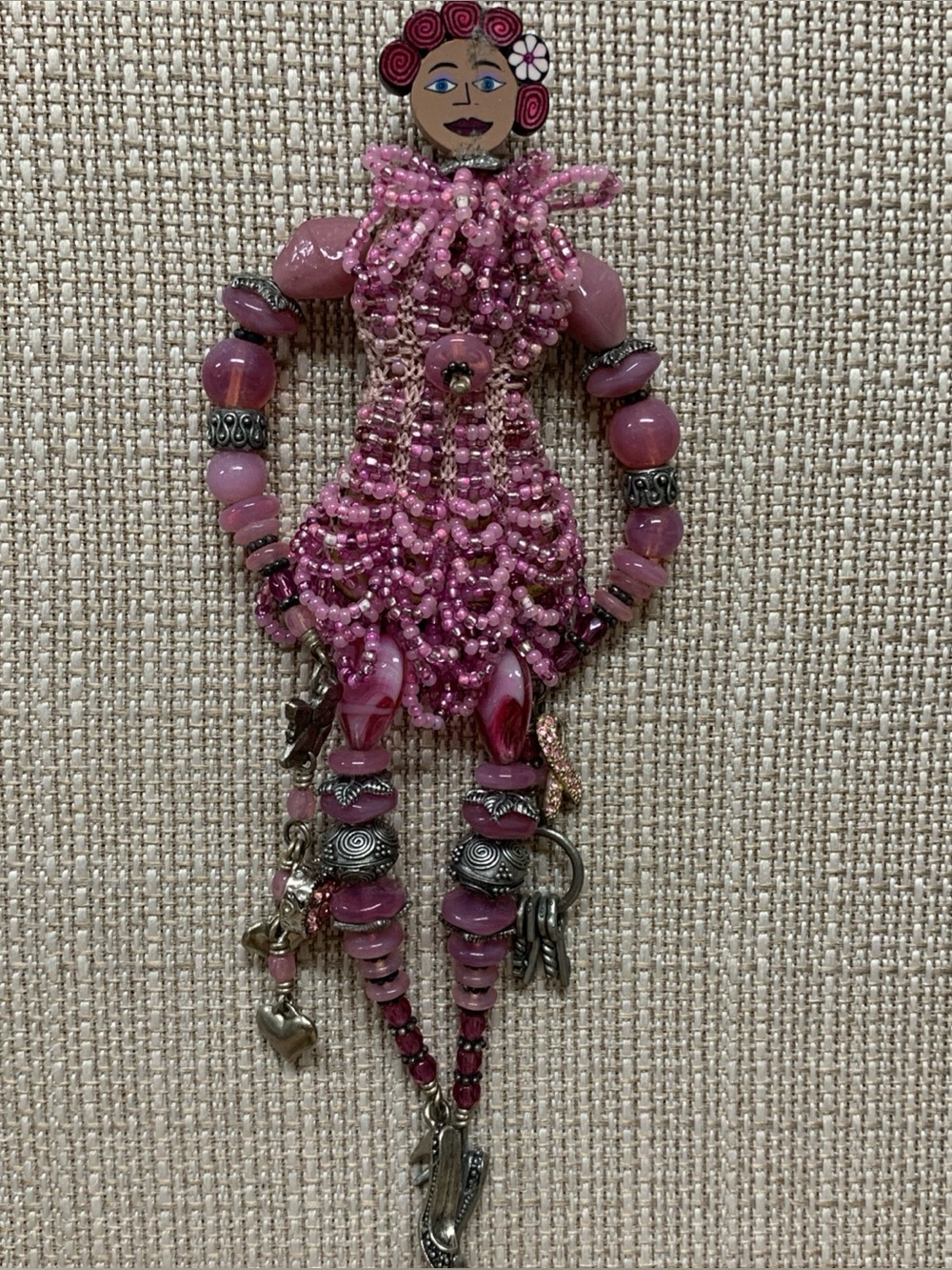 Handmade Vintage Beaded Pink and Silver Charm Pendant Pin Brooch